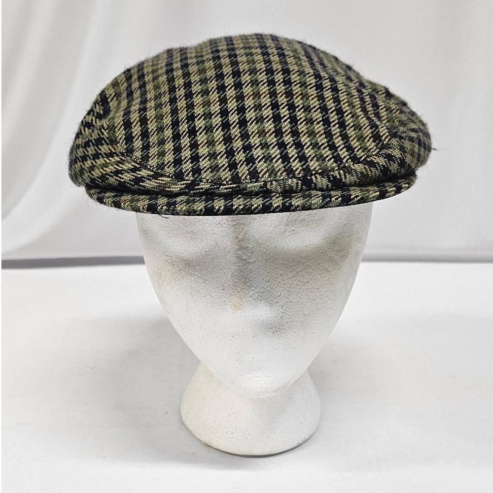 Wigens Sweden Mens Green Black Plaid Wool Flat Cap Leather Trim Ivy Hat L